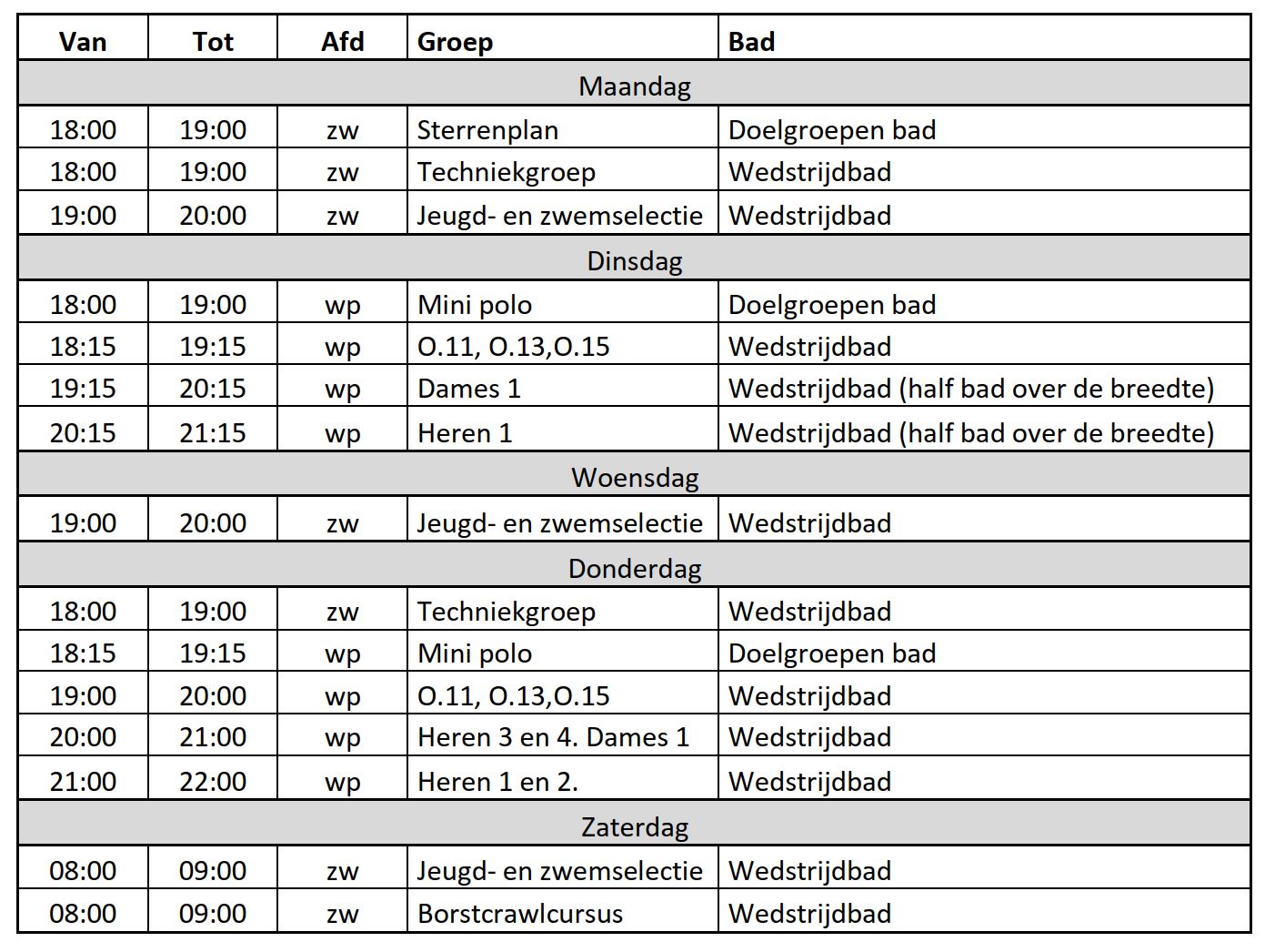 Trainingstijden 2020-2021